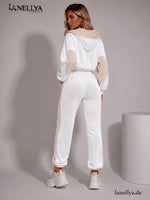 Damen 3-teiliges Set Weiß Beige mit elastischer Hose und Crop Top