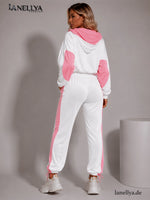Damen 3-teiliges Set Weiß Pink mit elastischer Hose und Crop Top
