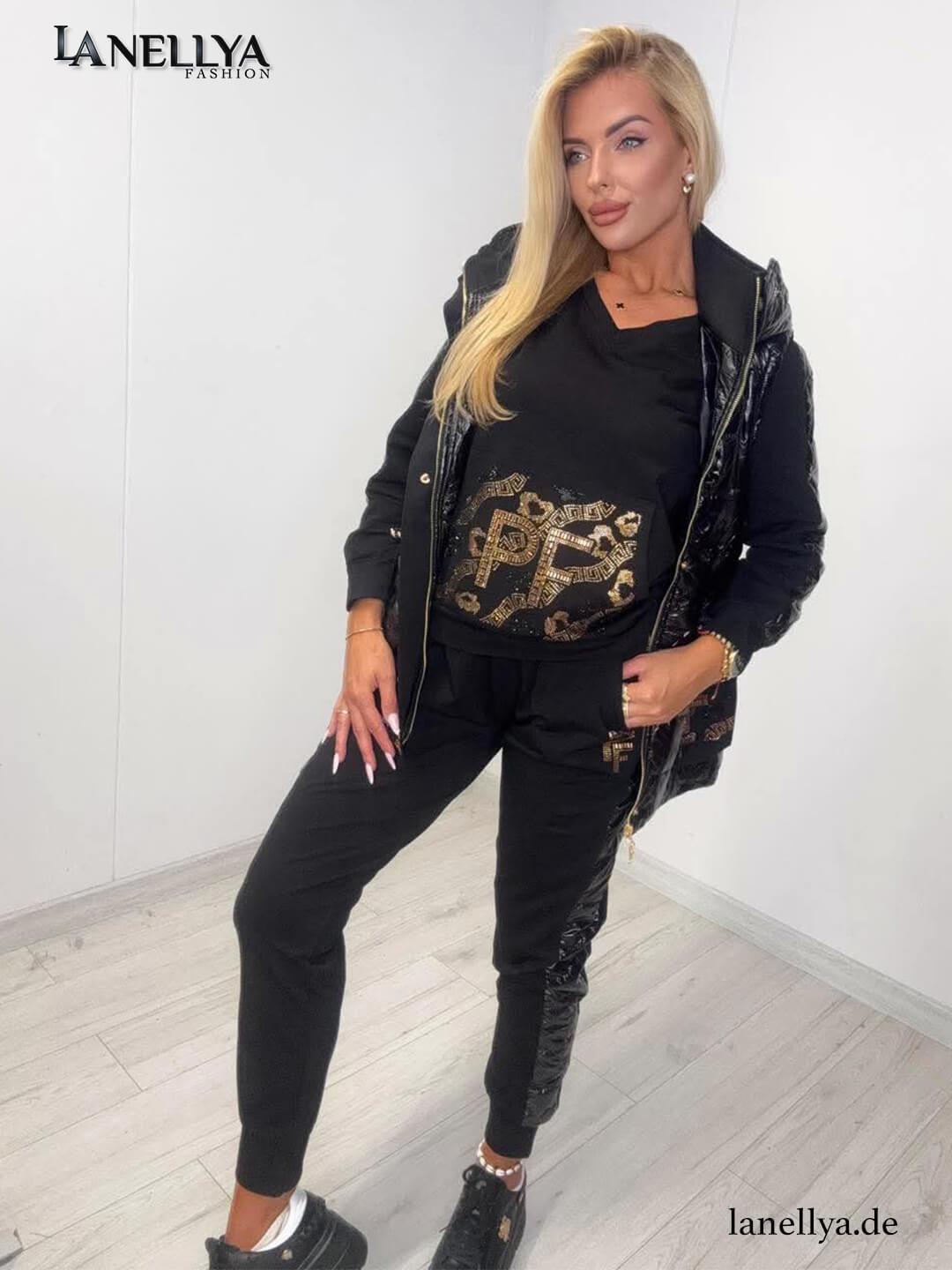 Damen 3 teiliges Set schwarz gold Paparazzi Style