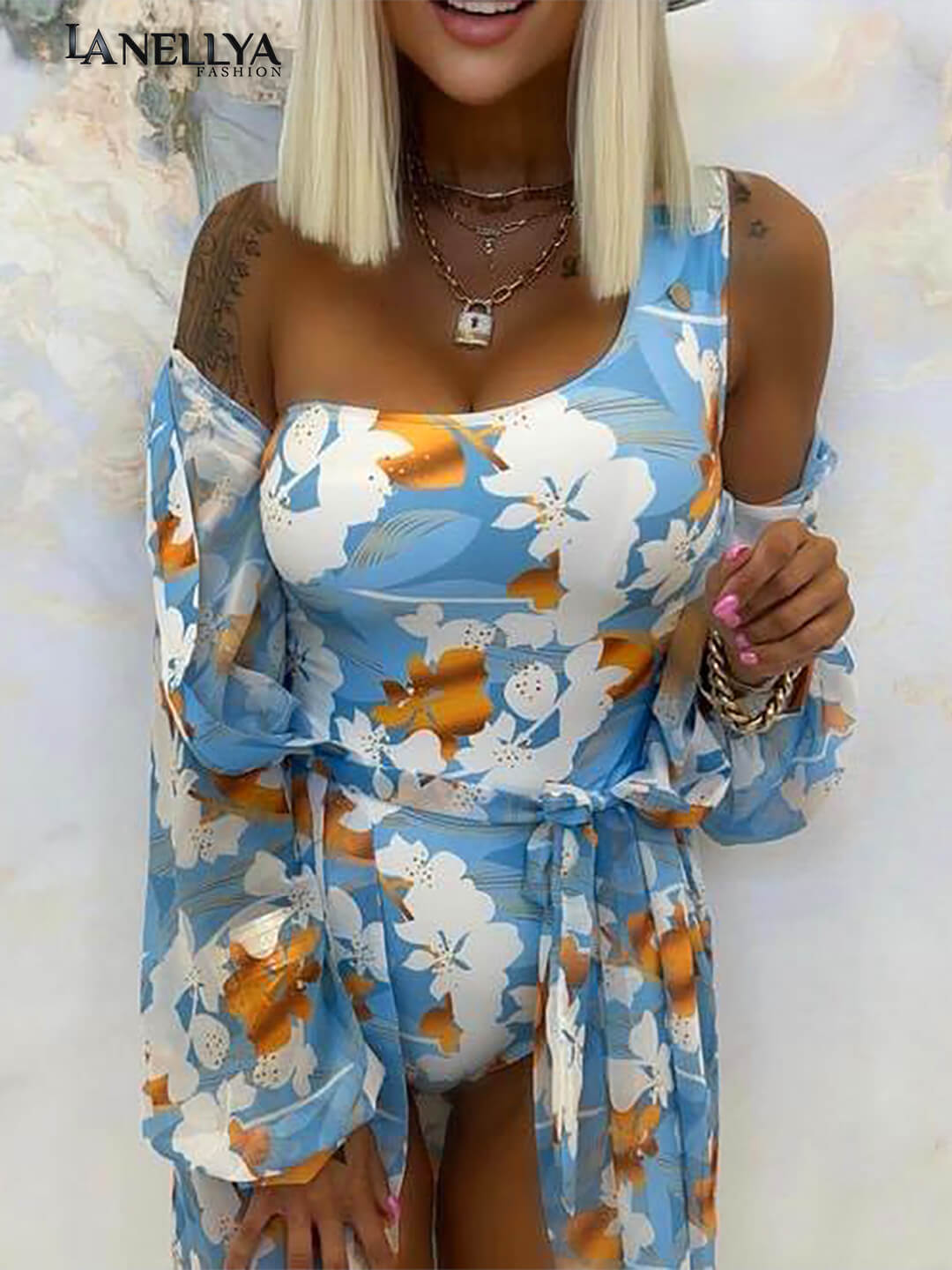 Damen Badeanzug Set Blau mit Kimono