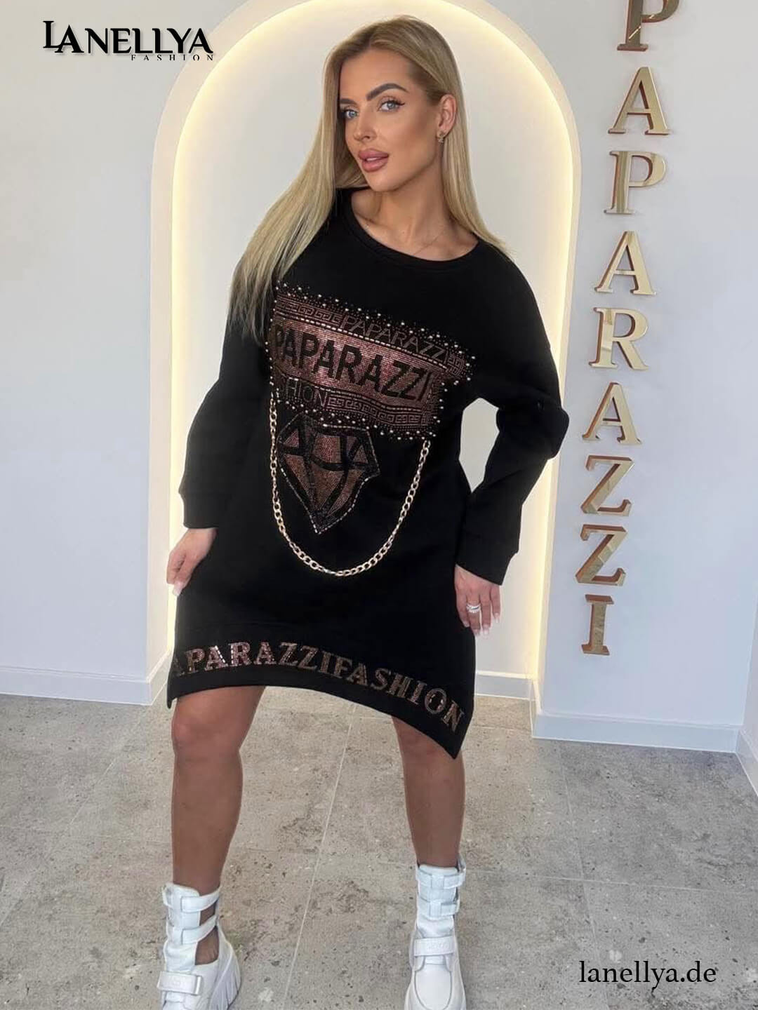 Damen Glam Kleid Schwarz Oversize Paparazzi Fashion
