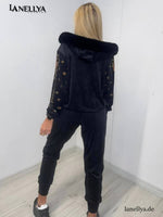 Damen Glam Komplett Set schwarz aus Samt mit Goldakzenten