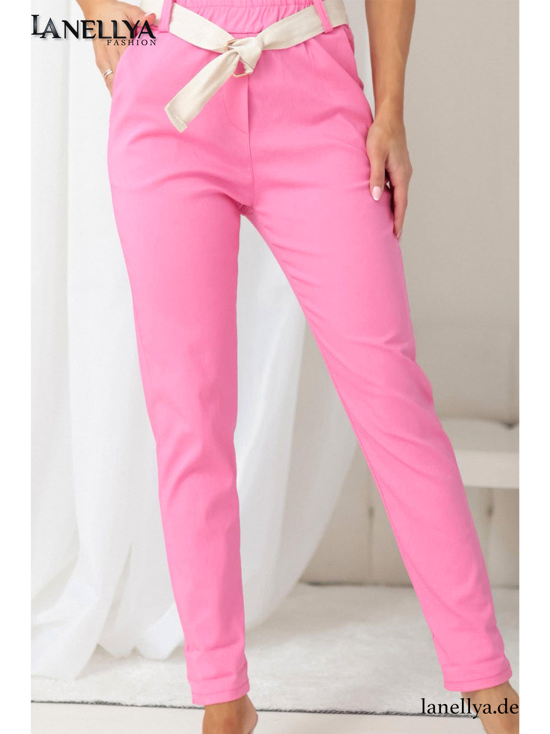 Damen Hose Pink High Waist mit Bindegürtel Fashion House
