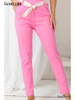 Damen Hose in Pink mit Bindegürtel und hoher Taille