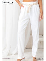 Damen Hose in Weiß mit Bindegürtel und hoher Taille