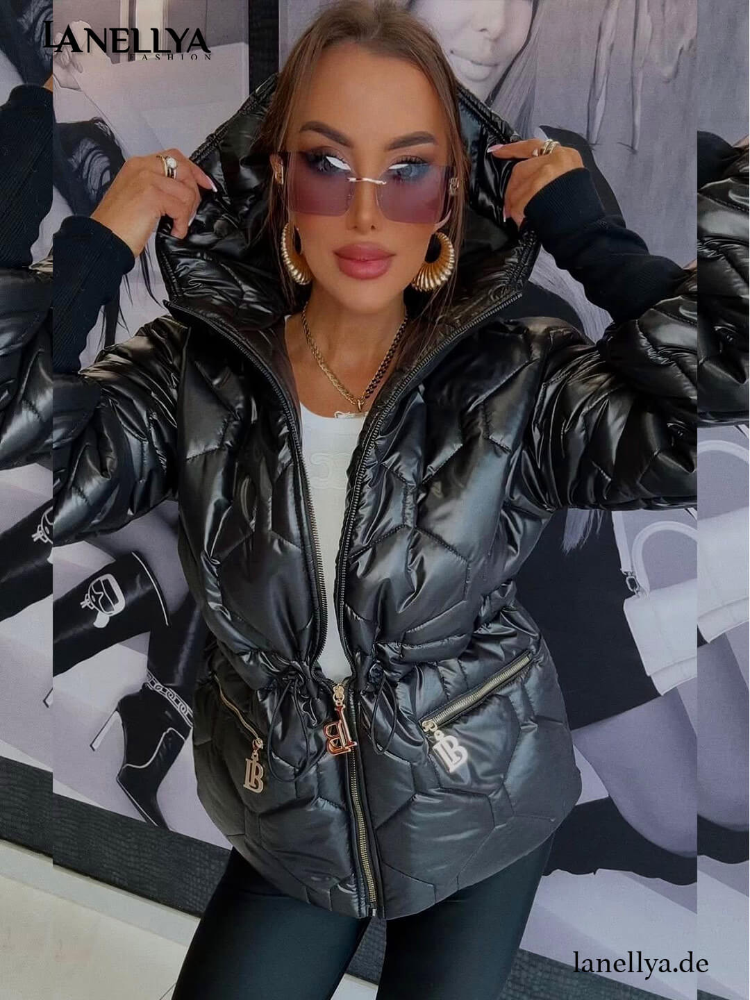 Damen Jacke Schwarz glänzend Streetstyle Look Lola Bianka
