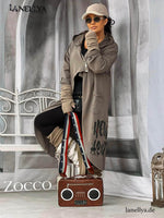 Damen Long Cardigan taupe mit Statement Print im Streetstyle