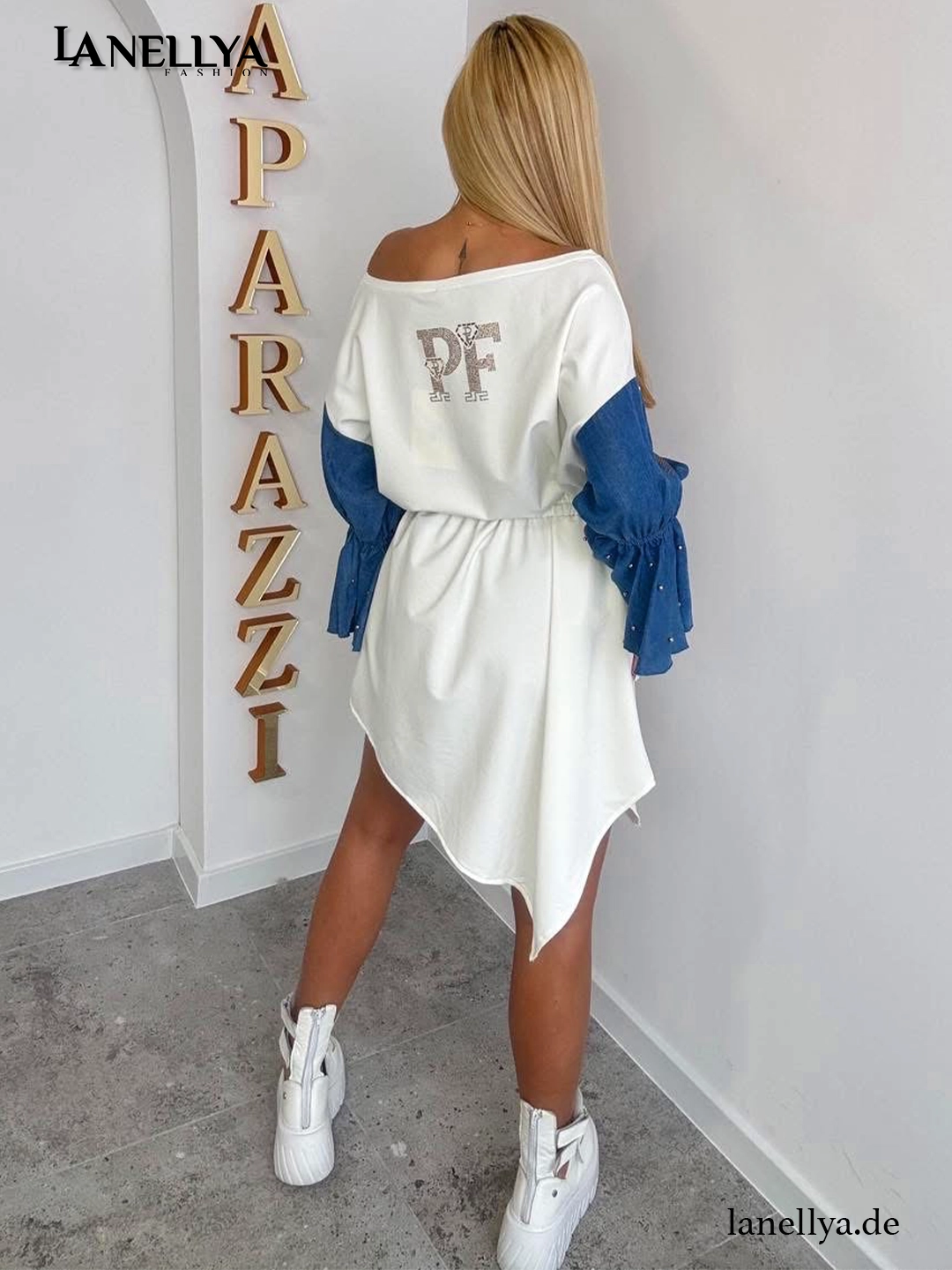 Damen Oversize Tunika mit Strass Print und Kontrastärmeln