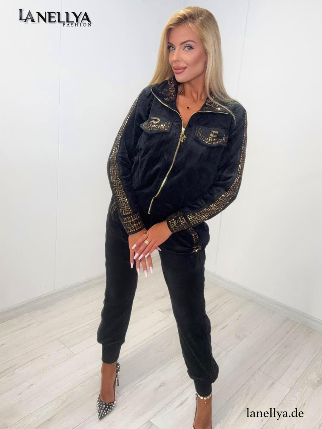 Damen Samt Zweiteiler schwarz mit Reißverschluss und Kragen