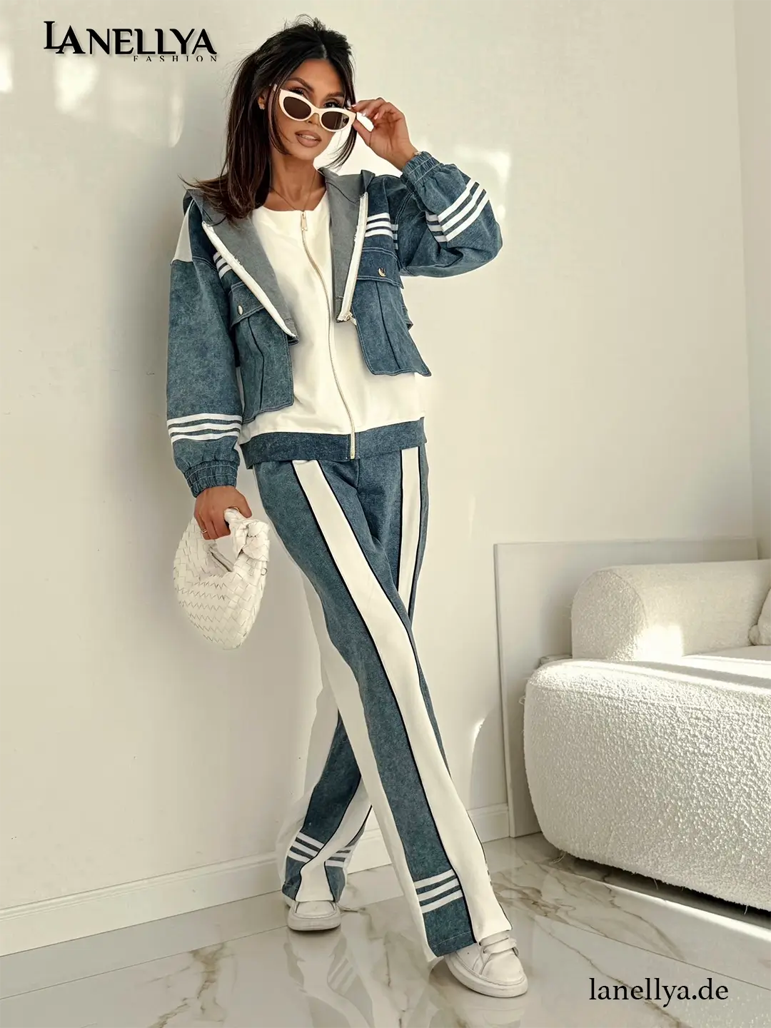 Damen Set Jacke Sweatshirt Hose Blau Weiss