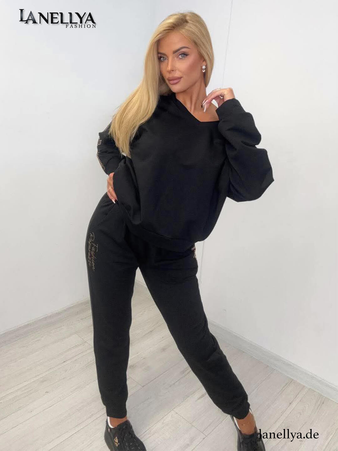 Damen Set Schwarz mit Sweatshirt Hose und Steppweste