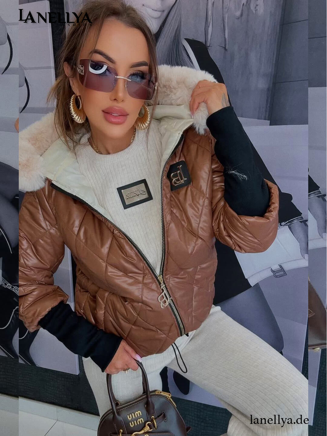 Damen Steppjacke braun kurz mit kuscheligem Fellkragen