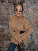 Damen Strickpullover Cold Shoulder Look in Camel für Herbst und Winter