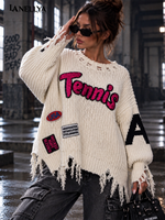 Damen Strickpullover Creme Gerber Fashion mit Tennis Motiv und Destroyed Details