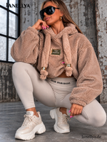 Damen Teddy Sweatshirt Mia Maison Beige mit Kapuze und elastischem Tunnelzug