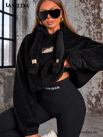 Damen Teddy Sweatshirt Mia Maison Schwarz mit Kapuze und regulierbarem Gummizug