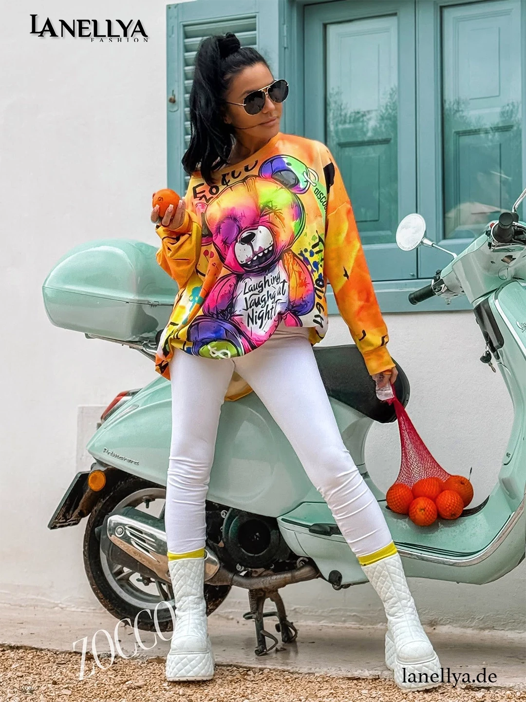 Damen Tunika Sweatshirt Oversize Teddy Print Streetstyle Gelb