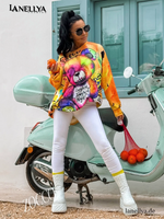 Damen Tunika Sweatshirt Oversize Teddy Print Streetstyle Gelb