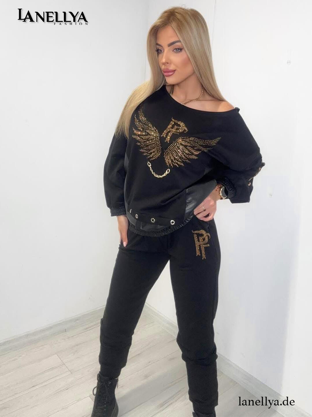 Damen Zweiteiler Schwarz mit Flügel Motiv und Hose