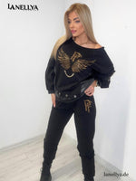 Damen Zweiteiler Schwarz mit Flügel Motiv und Hose