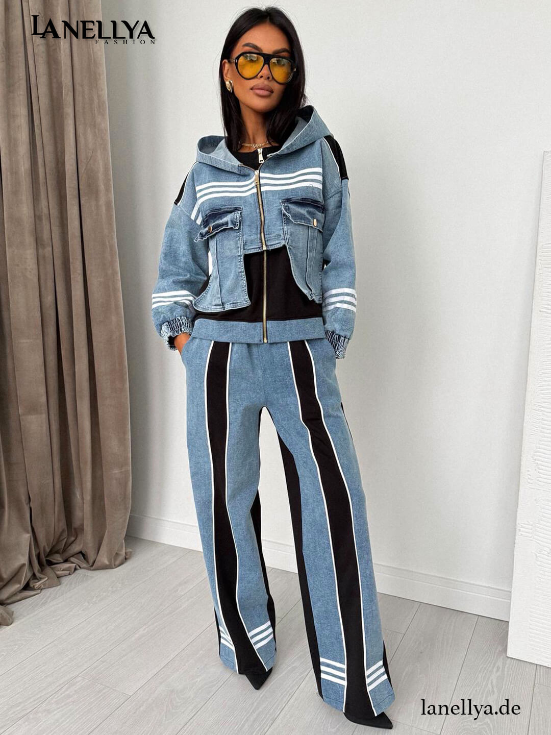 Damen Zweiteiler Set Blau Jacke Hose Lil Glam Fashion