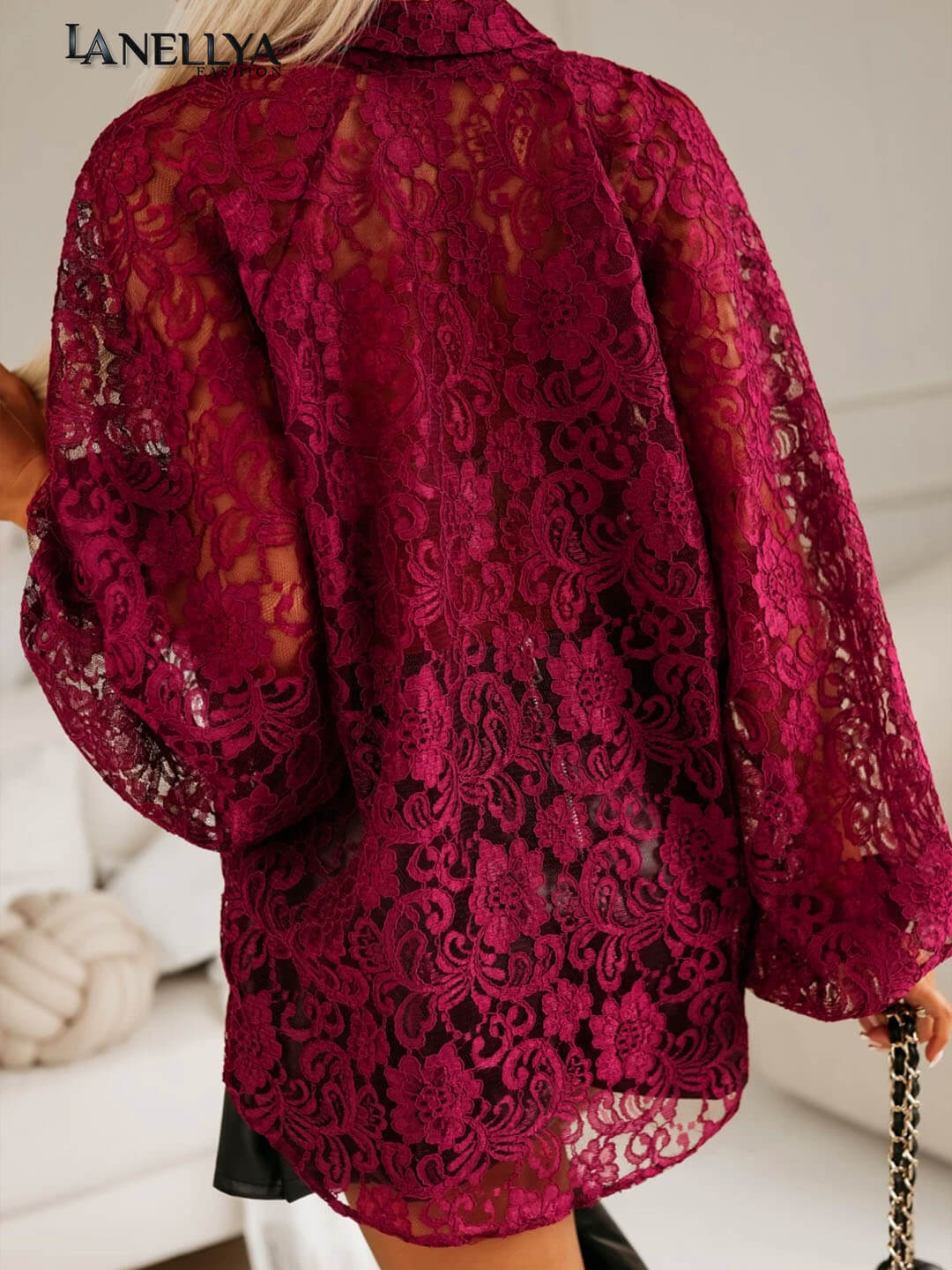 Elegante Damen Bluse Weinrot mit transparenter Spitze