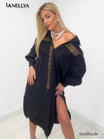 Elegantes Damen Kleid Schwarz mit Glam Knopfleiste