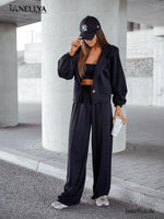 Elegantes Damen Zweiteiler Set Schwarz Blazer Wide Leg Hose