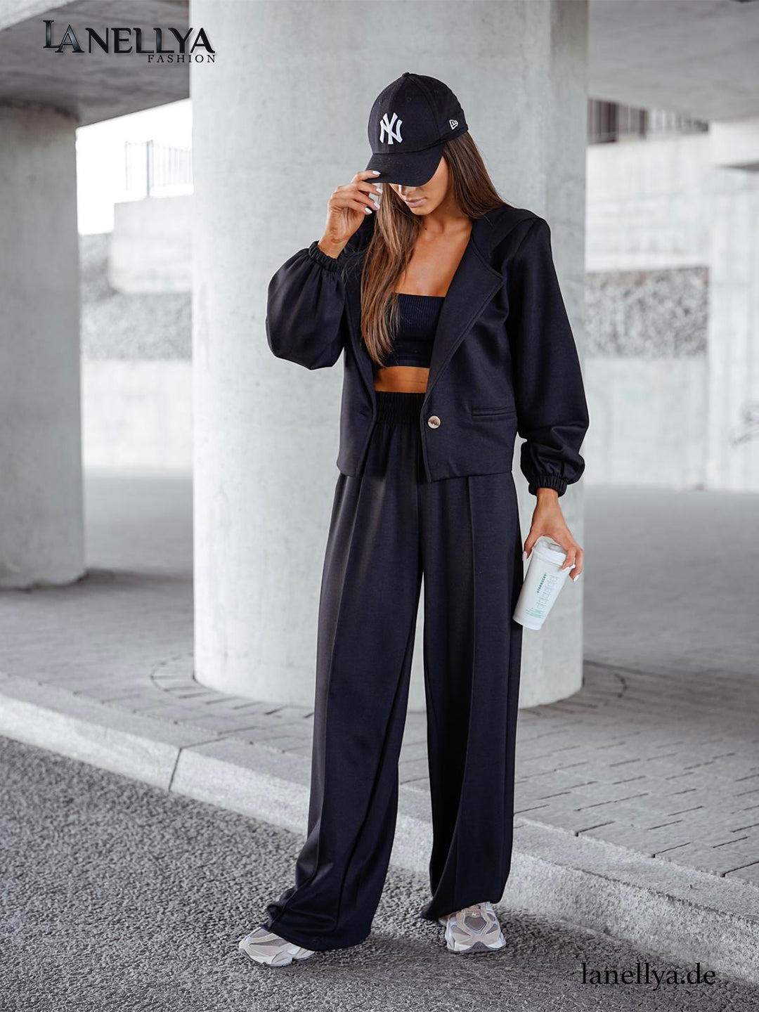 Elegantes Damen Zweiteiler Set Schwarz Blazer Wide Leg Hose