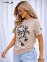 Elegantes beiges Kurzarmshirt für Damen mit Luxury Dragon Design