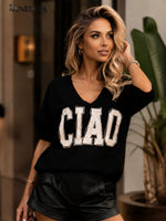 Fashion House Damen Bluse Schwarz mit CIAO Statement Print und V-Ausschnitt