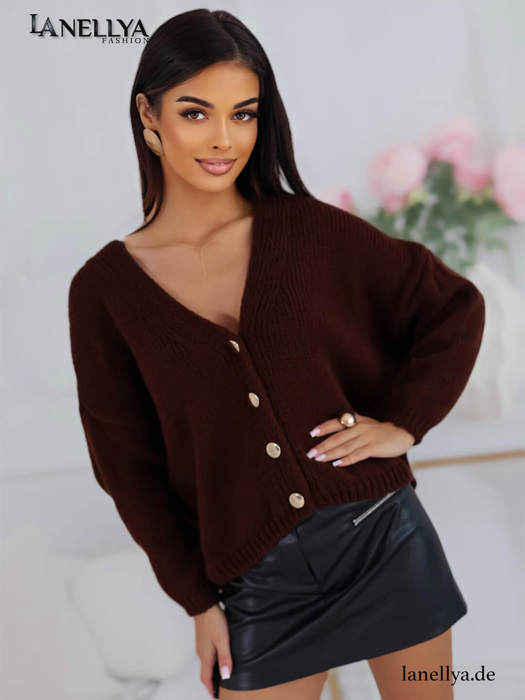 Fashion House Damen Cardigan Braun Strickjacke mit V-Ausschnitt Knöpfen