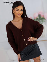 Fashion House Damen Cardigan Braun Strickjacke mit V-Ausschnitt Knöpfen