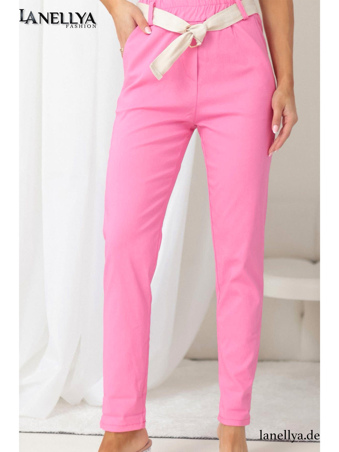 Fashion House Damen Hose Pink High Waist Hose mit Gürtel