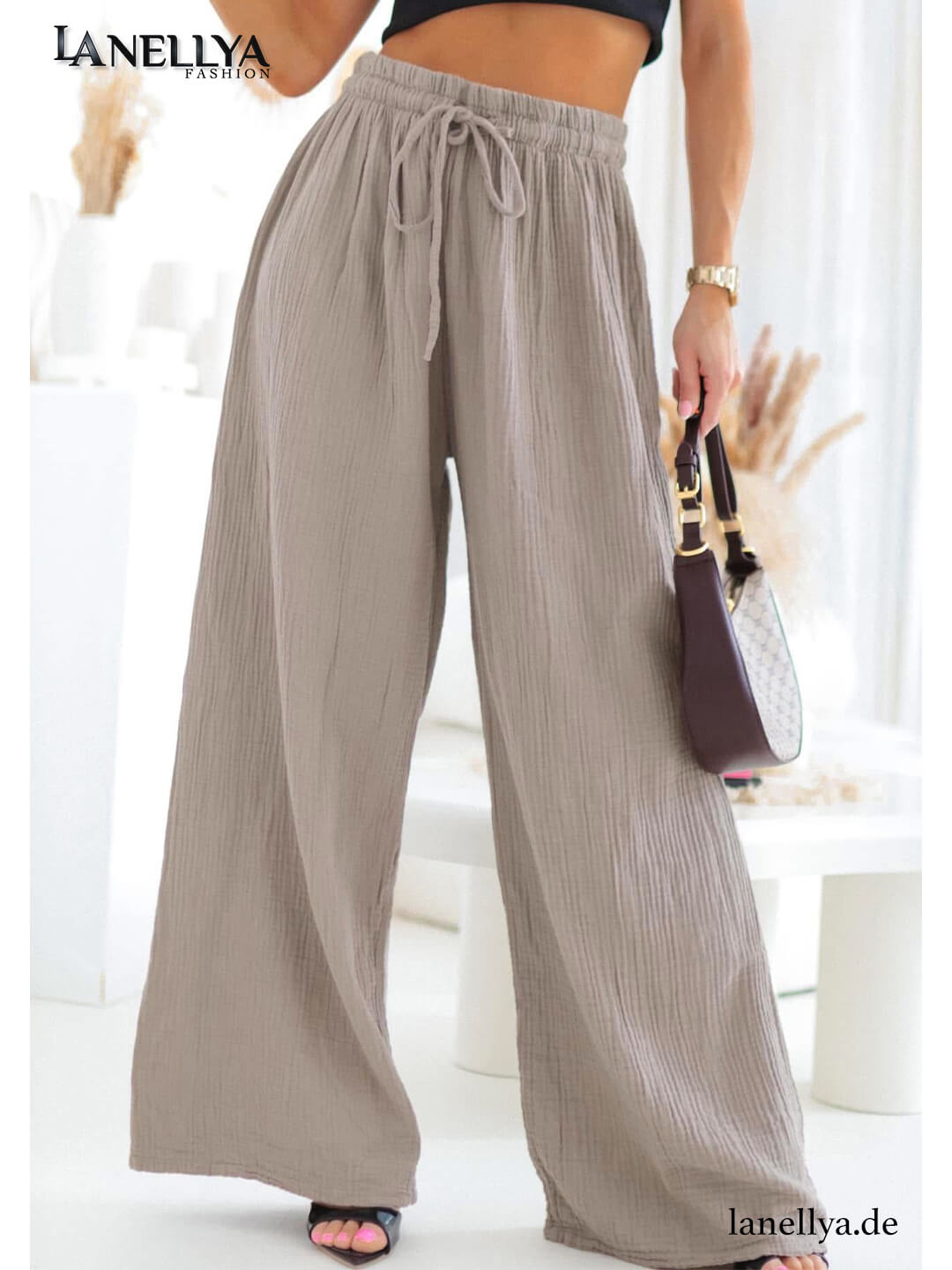 Fashion House Damen Hose Taupe Wide Leg Musselin Hose mit Bindeband
