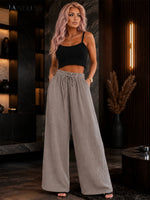 Fashion House Damen Hose Taupe mit weitem Bein und Bindeband
