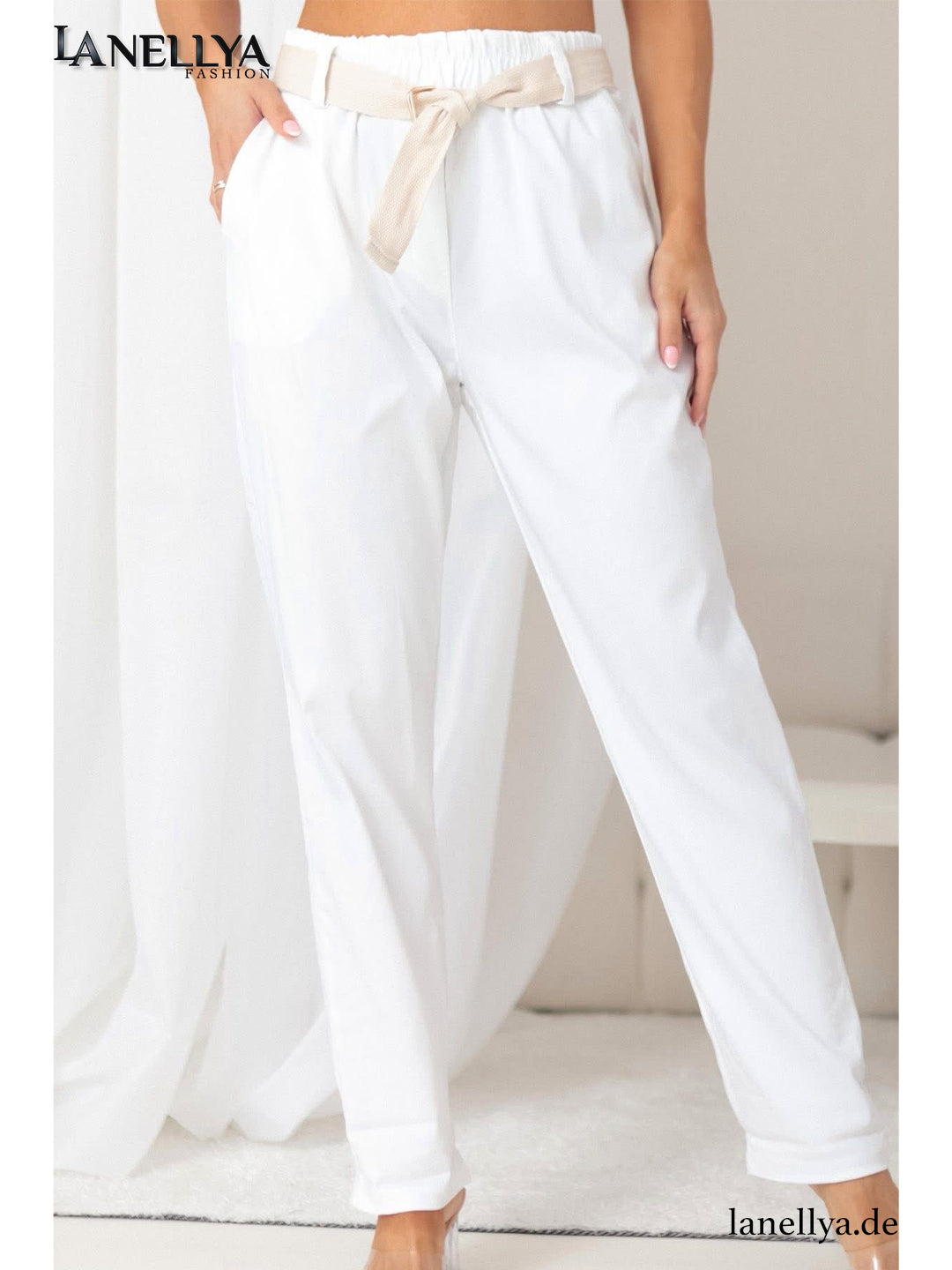 Fashion House Damen Hose Weiß High Waist Hose mit Gürtel