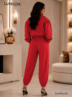 Fashion House Damen Hosenanzug Rot mit kurzer Jacke und elastischer Hose