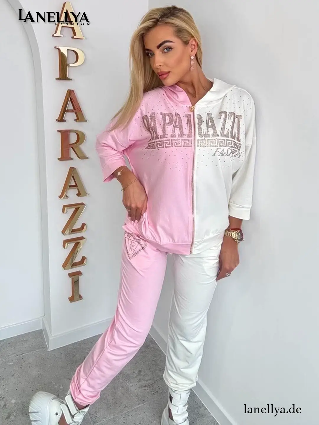 Freizeitanzug Damen Rosa Weiß Komplett Set Paparazzi modern