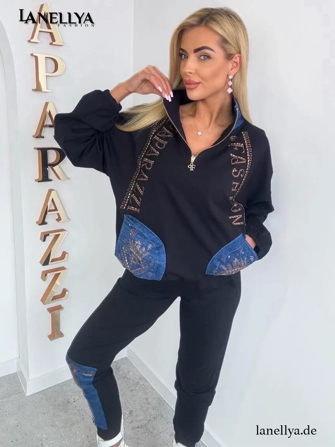 Freizeitanzug Damen Set Schwarz Sweatshirt und Jogginghose Paparazzi