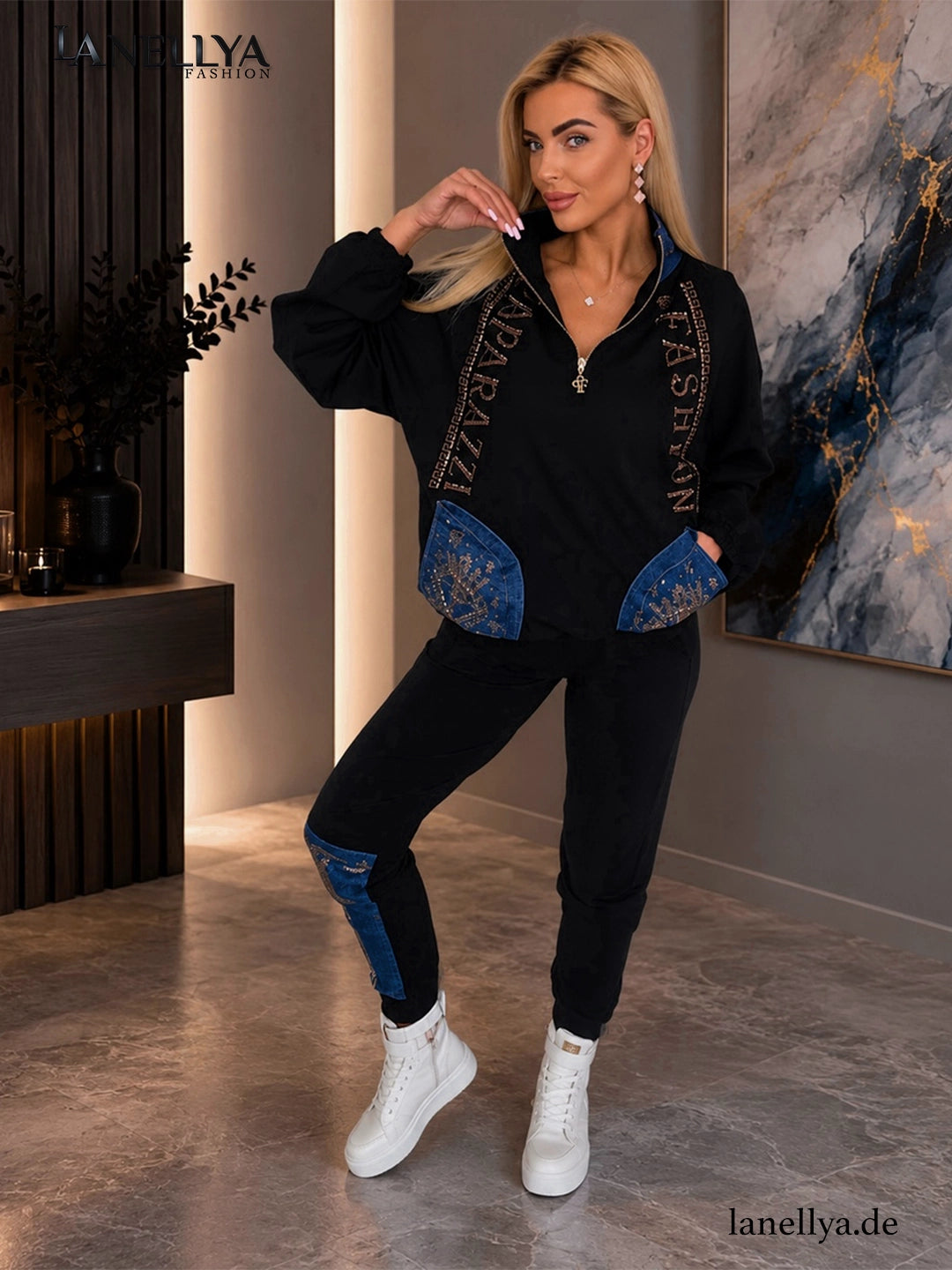 Freizeitanzug Damen Set Schwarz Sweatshirt und Jogginghose Paparazzi
