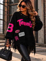Gerber Fashion Destroyed Strickpullover Schwarz-Pink mit grober Strickstruktur, offenen Ärmelabschlüssen und langen schwarzen Fransen