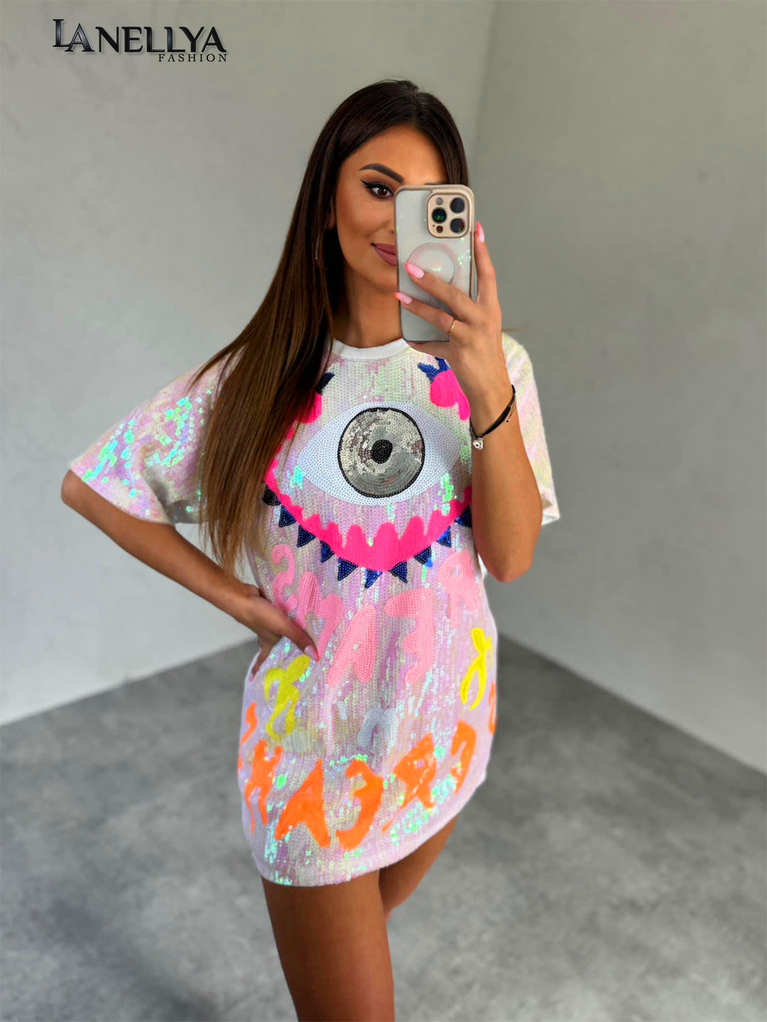 Hashtag Damen T-Shirt mit Eye Print und Glitzer-Design