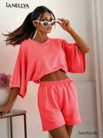 LUMÉ Damen Sommer Set Neon Koralle mit Oversize Shirt und Shorts