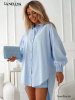 La Blanche Damen Hemd Hellblau Oversize Longbluse mit Knopfleiste