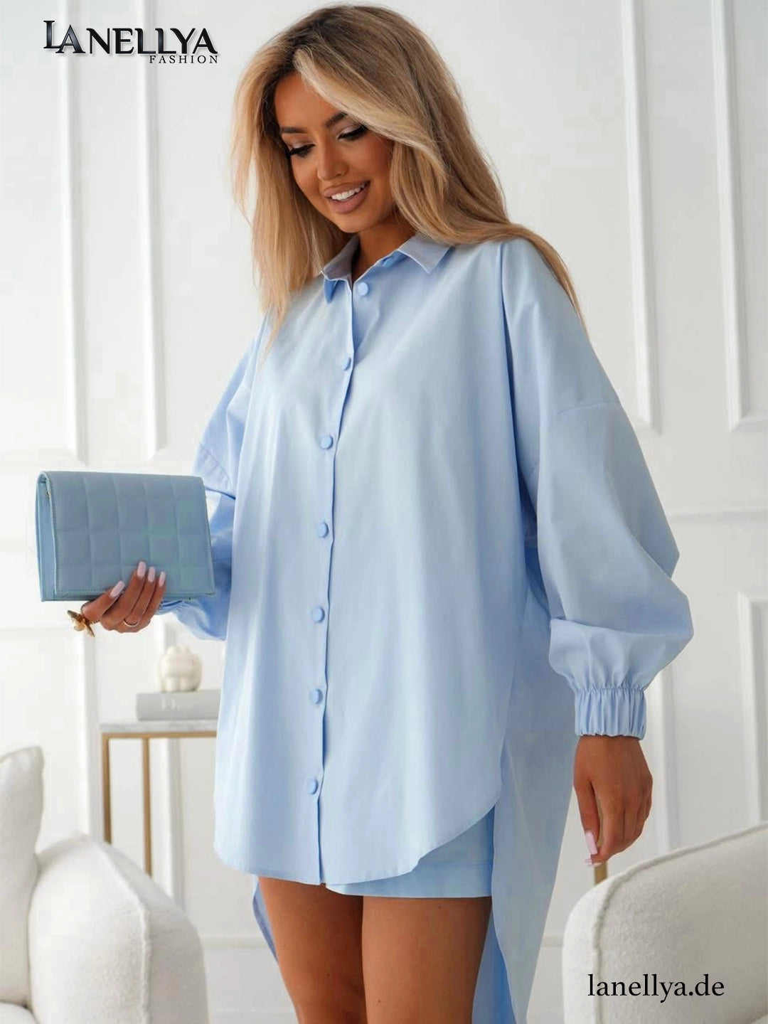 La Blanche Damen Hemd Hellblau Oversize Longbluse mit Knopfleiste