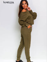 La Blanche Damen Komplett-Set khaki – Zweiteiler mit Cut-Out an der Schulter