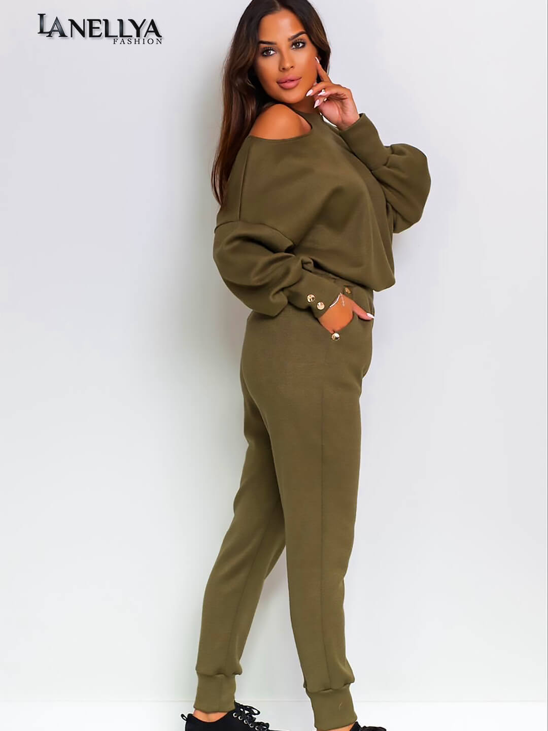 La Blanche Damen Komplett-Set khaki – Zweiteiler mit Cut-Out an der Schulter
