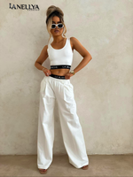 La Blanche Damen Komplett-Set weiß – Top und Wide-Leg Hose mit Logo-Bund