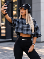 La Monne Damen Bluse Schwarz Grau kariert mit kurzem Arm S–L